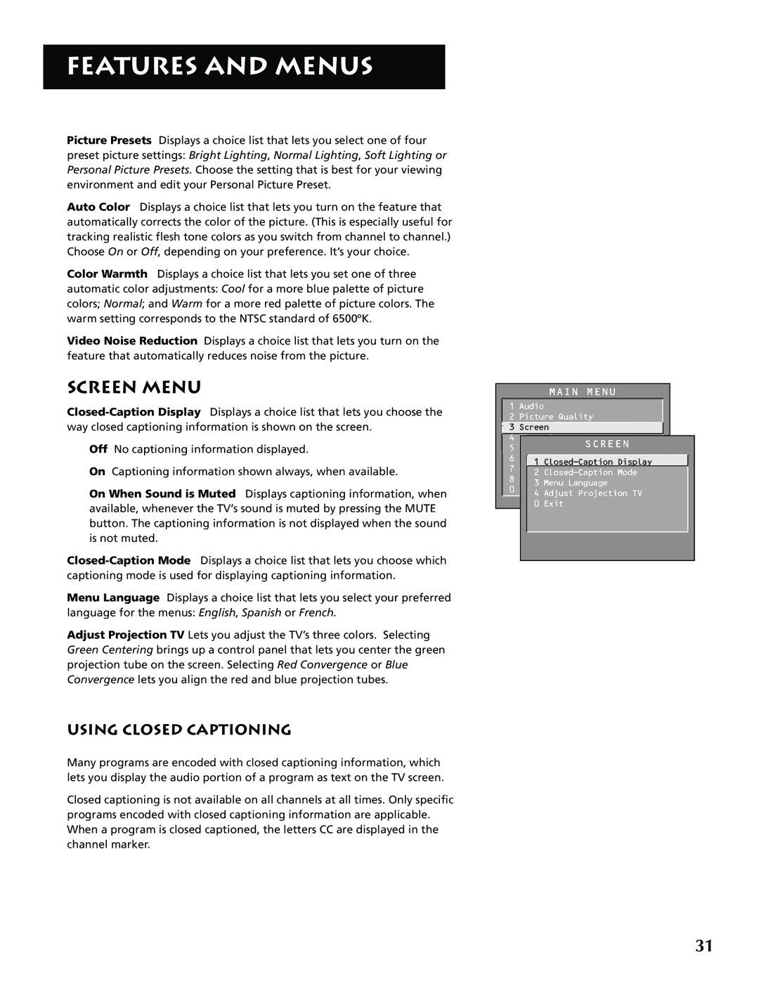 RCA P52939 manual Screen Menu, Using Closed Captioning 