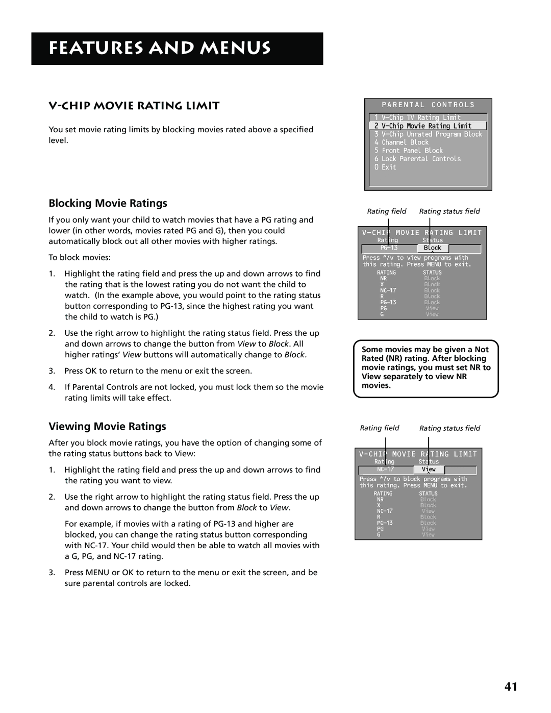 RCA P52939 manual Chip Movie Rating Limit, Blocking Movie Ratings, Viewing Movie Ratings 