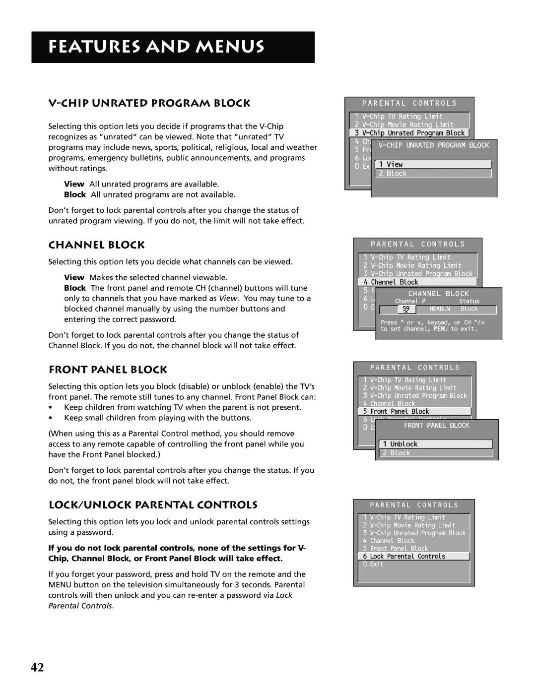 RCA P52939 manual Chip Unrated Program Block, Channel Block, Front Panel Block, LOCK/UNLOCK Parental Controls 