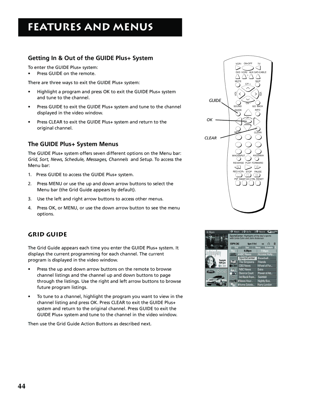 RCA P52939 manual Getting In & Out of the Guide Plus+ System, Guide Plus+ System Menus, Grid Guide 