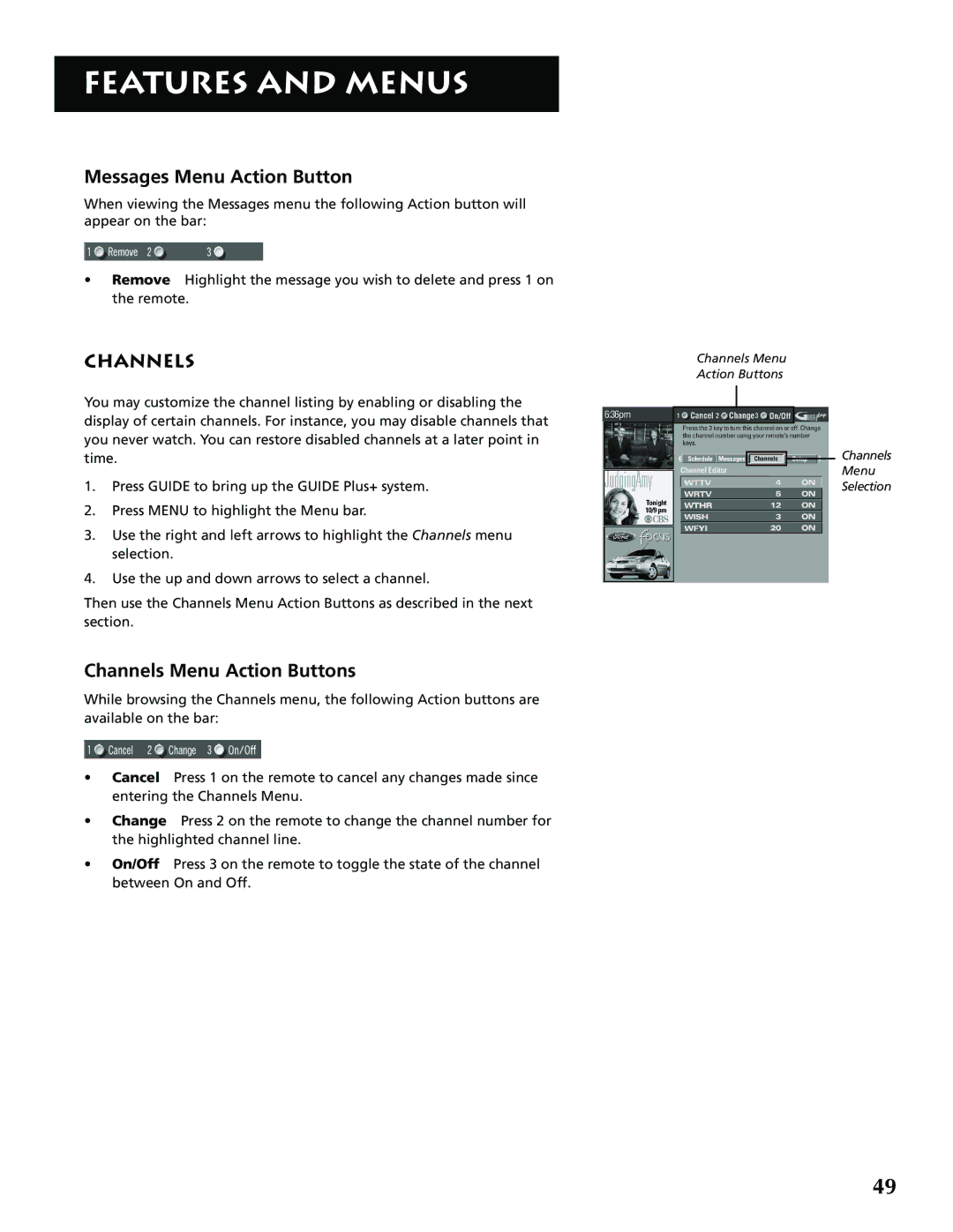 RCA P52939 manual Messages Menu Action Button, Channels Menu Action Buttons 