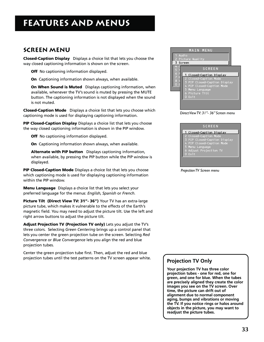 RCA P52950 manual Screen Menu, Direct View TV 31- 36 Screen menu 