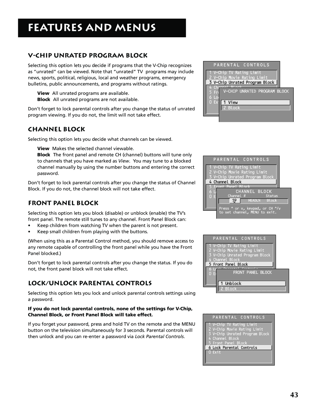 RCA P52950 manual Chip Unrated Program Block, Channel Block, Front Panel Block, LOCK/UNLOCK Parental Controls 