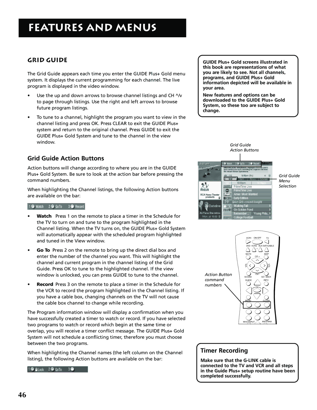 RCA P52950 manual Grid Guide Action Buttons, Timer Recording 