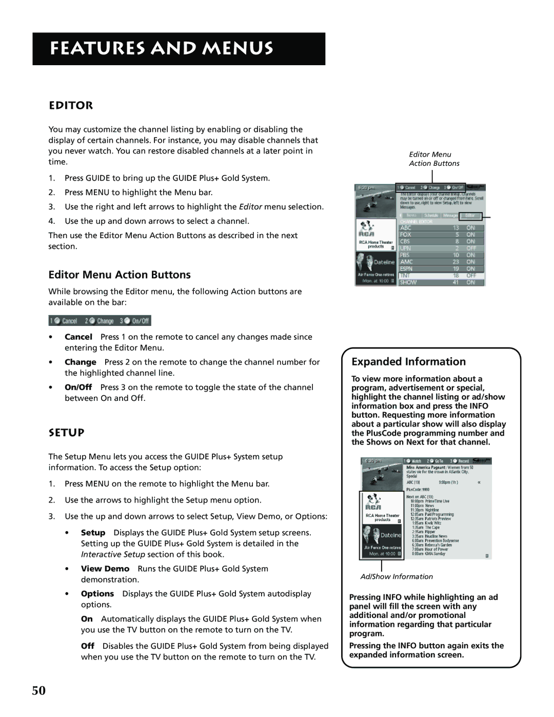 RCA P52950 manual Editor Menu Action Buttons, Setup, Expanded Information 