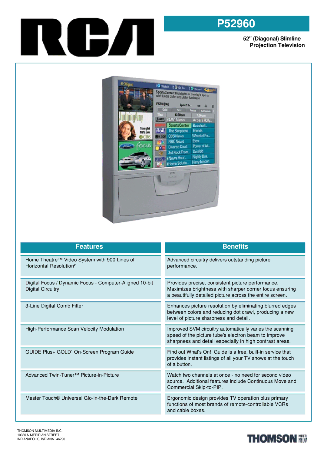 RCA P52960 manual Features, Benefits 