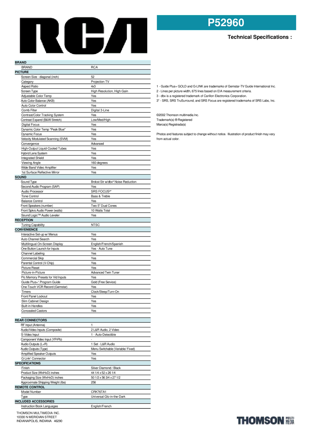 RCA P52960 manual Brand, Picture, Sound, Reception, Convenience, Rear Connectors, Specifications, Remote Control 