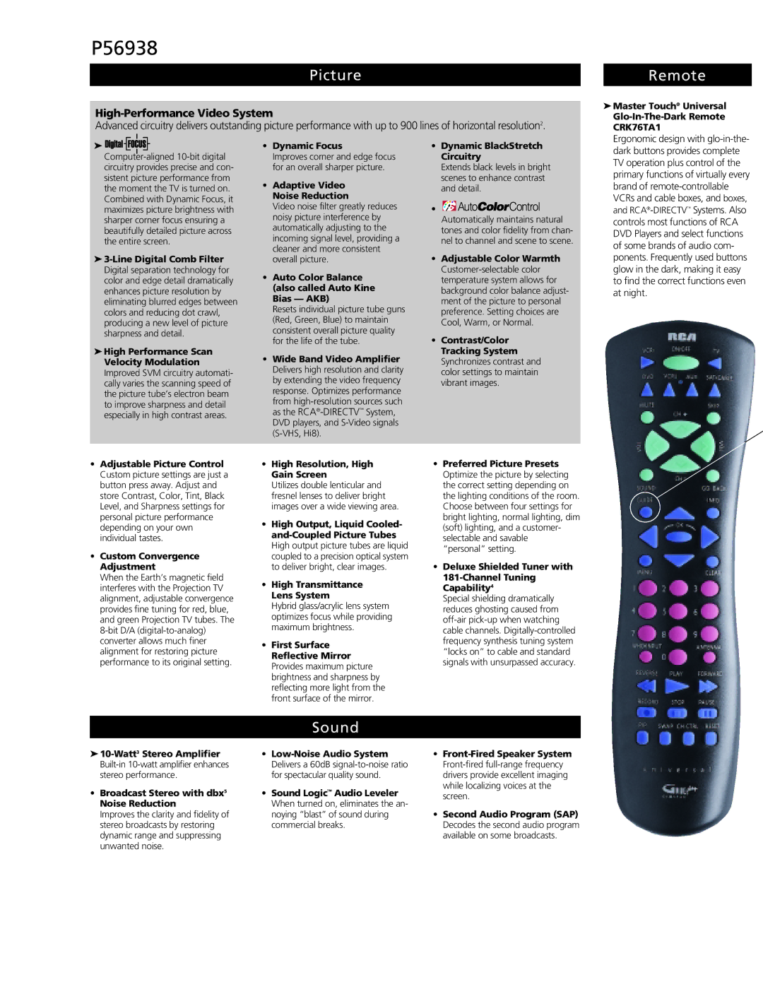 RCA P56938 manual Picture, Remote, Sound 