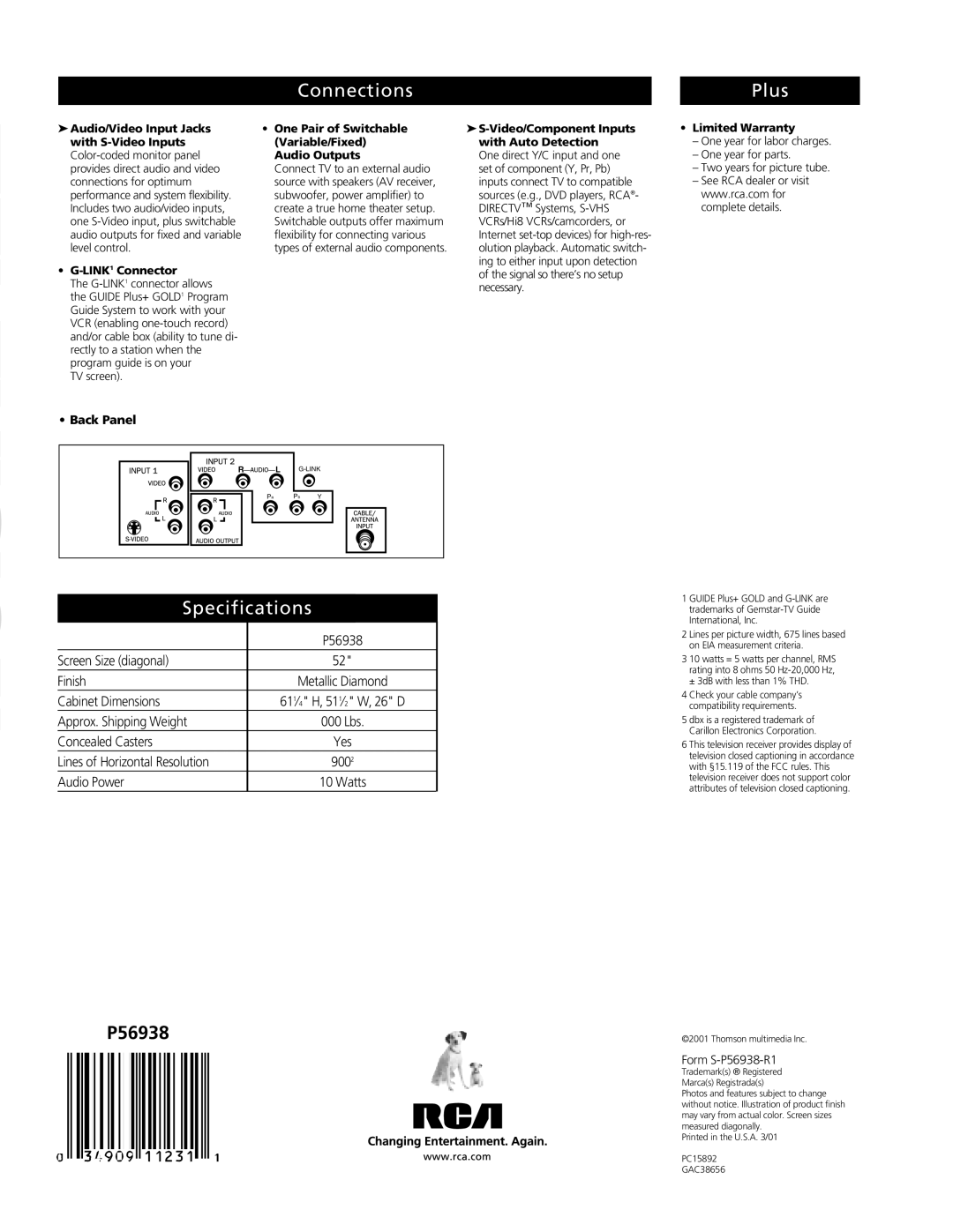 RCA P56938 manual Connections, Plus, Specifications 