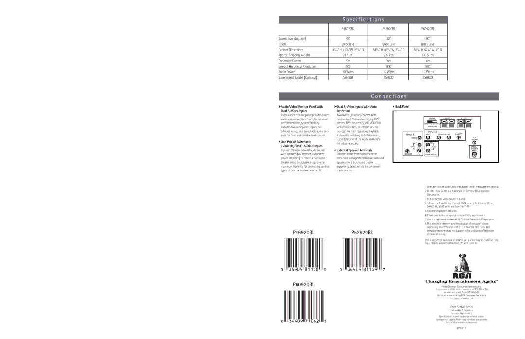 RCA P60920BL specifications Dual S-Video Inputs with Auto Back Panel Detection, External Speaker Terminals 