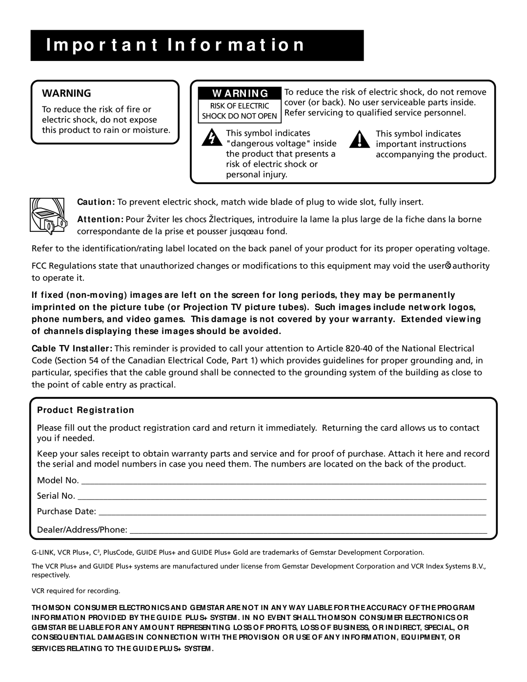 RCA P60928 manual Important Information 