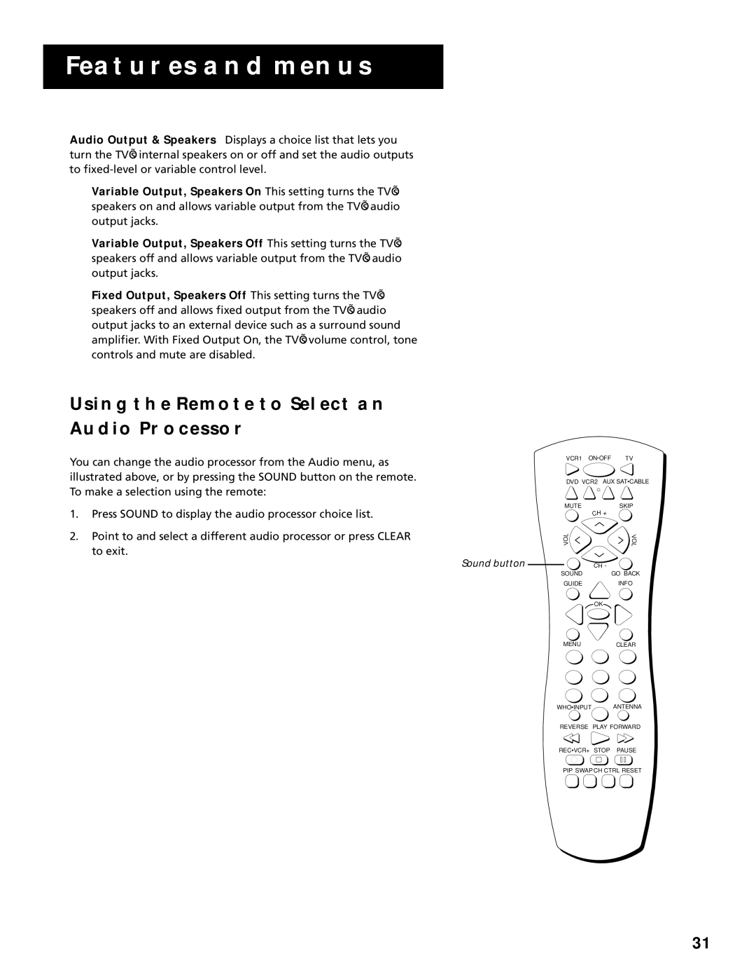 RCA P60928 manual Using the Remote to Select AN Audio Processor, Sound button 