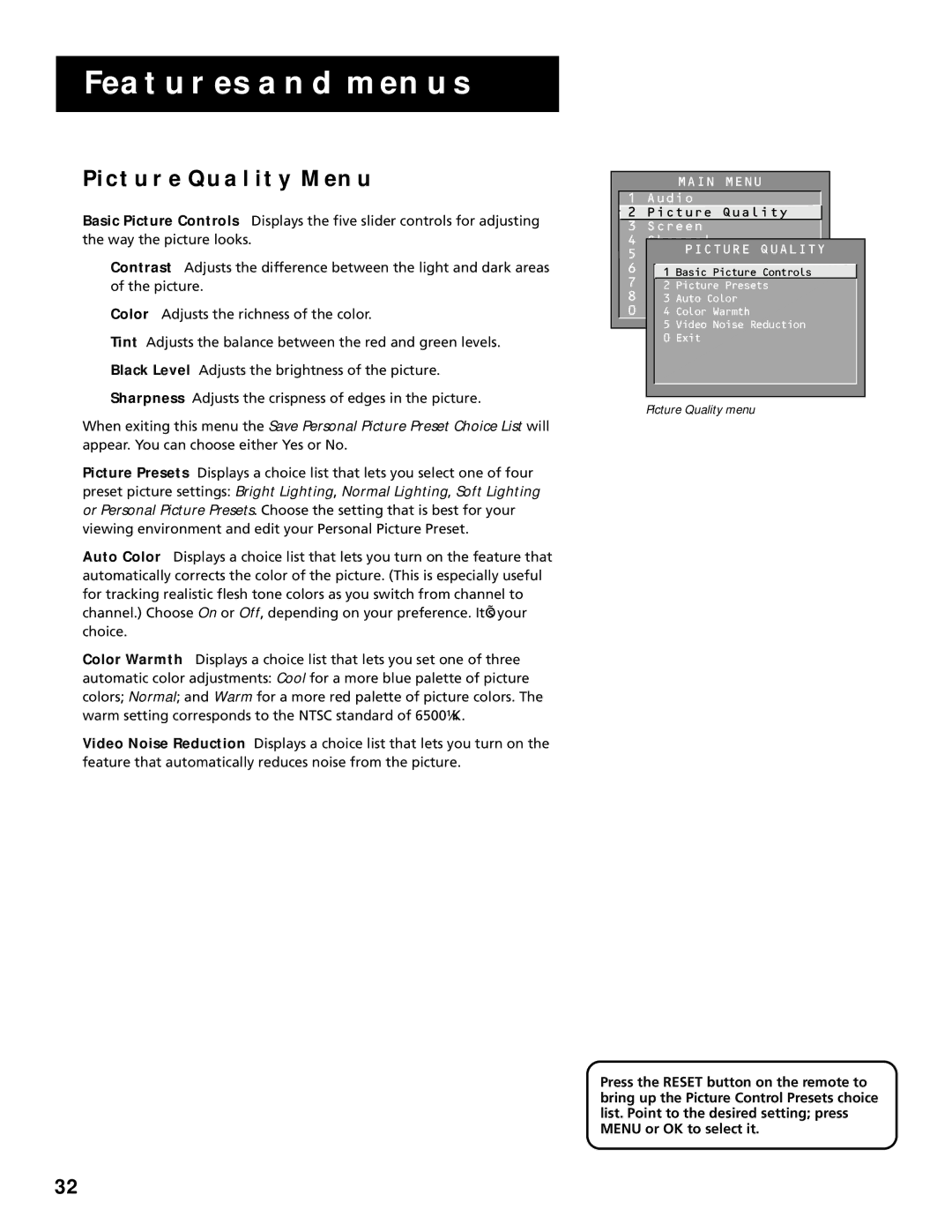 RCA P60928 manual Picture Quality Menu 