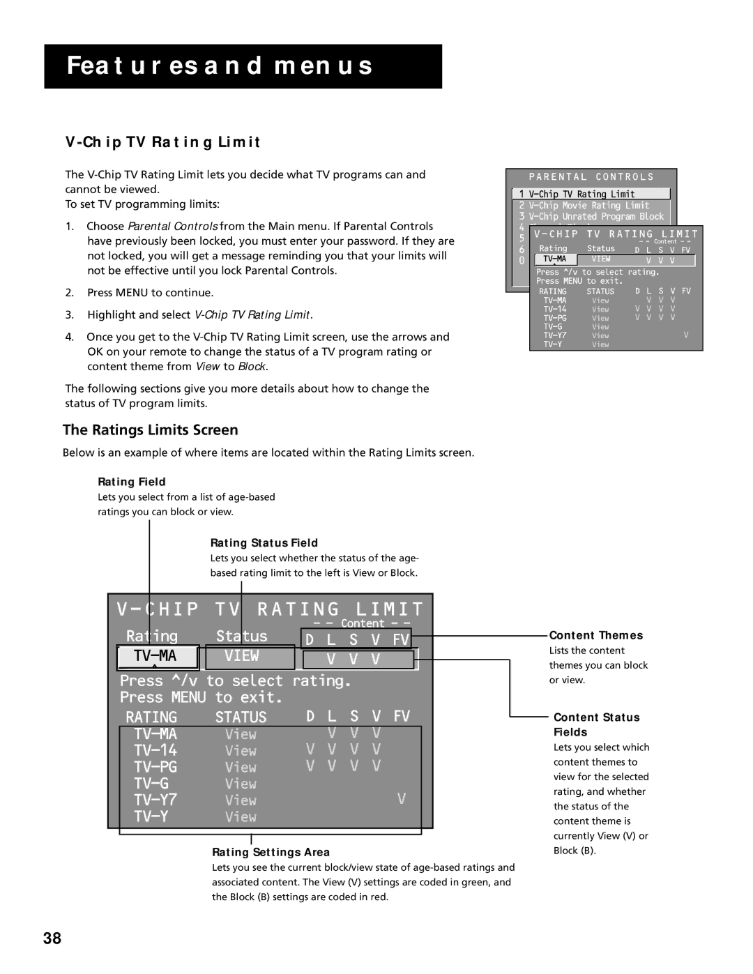 RCA P60928 manual Chip TV Rating Limit, Ratings Limits Screen 