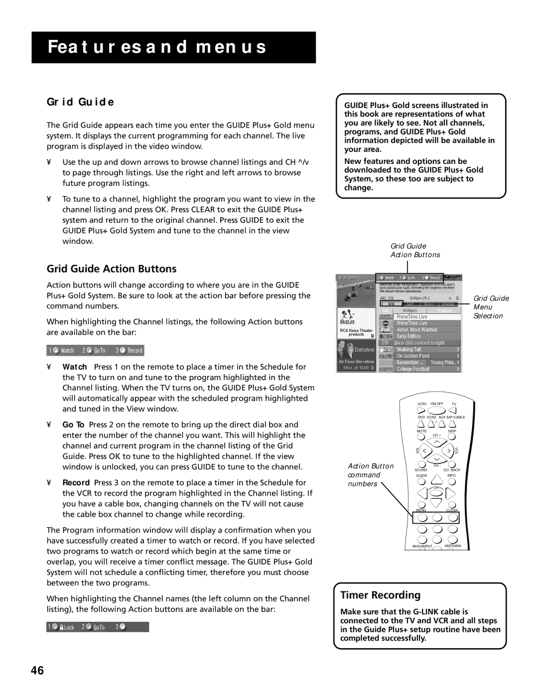 RCA P60928 manual Grid Guide Action Buttons, Timer Recording 