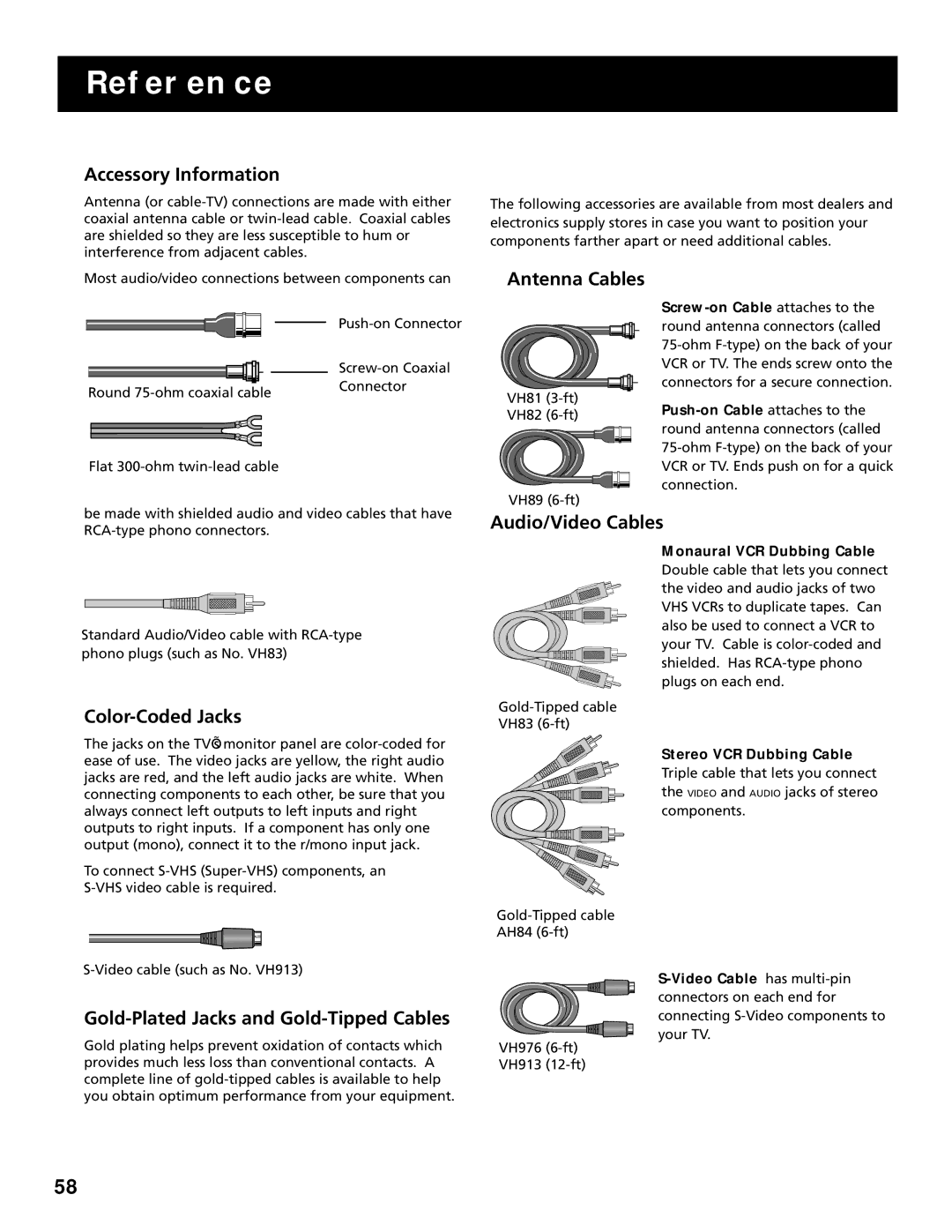 RCA P60928 manual Accessory Information, Antenna Cables, Color-Coded Jacks, Audio/Video Cables 