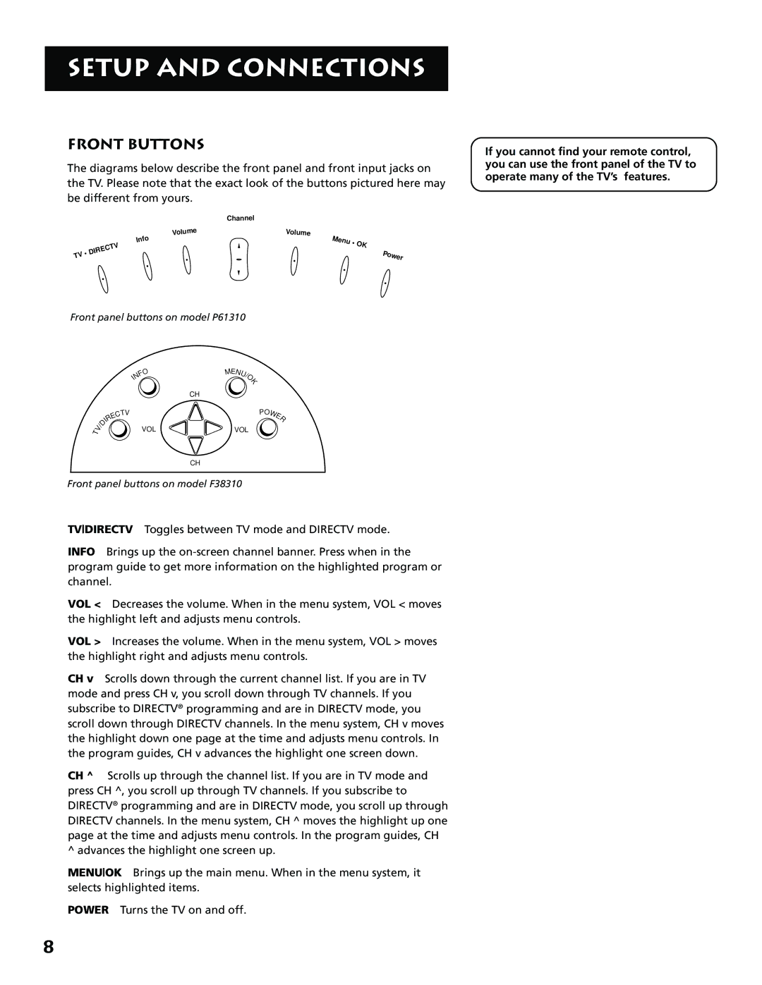 RCA P61310, F38310 manual Front Buttons 