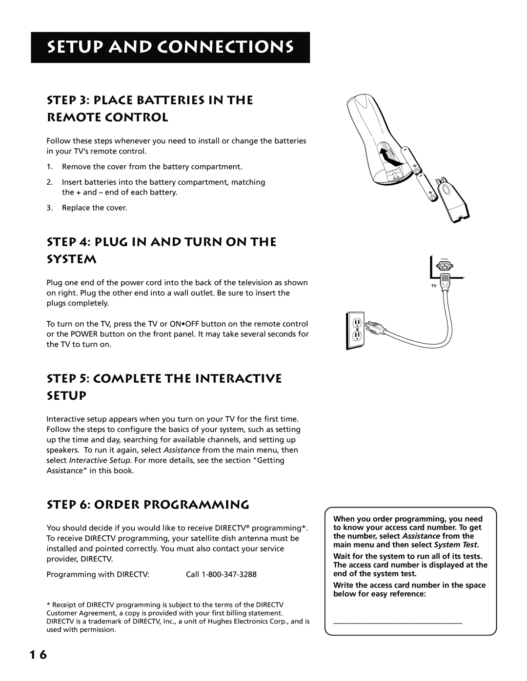 RCA P61310 Place Batteries Remote Control, Plug in and Turn on System, Complete the Interactive Setup, Order Programming 