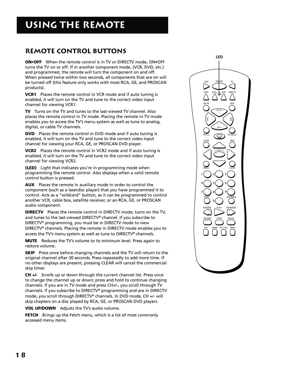 RCA P61310, F38310 manual Remote Control Buttons, Led 