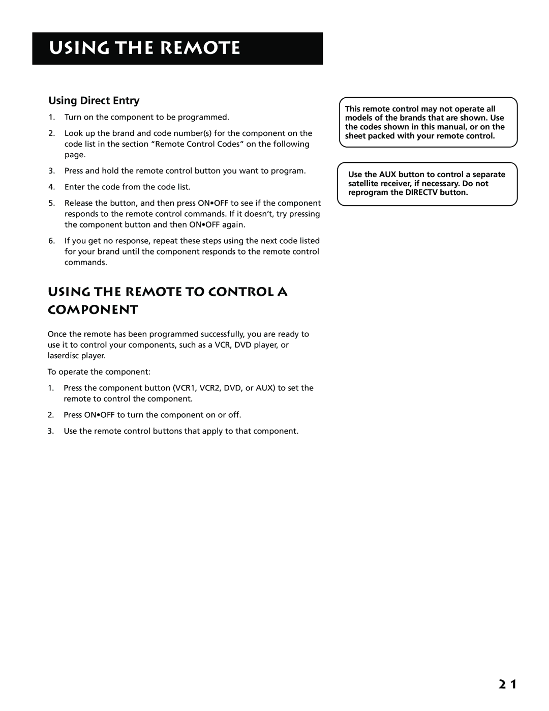 RCA F38310, P61310 manual Using the Remote to Control a Component, Using Direct Entry 