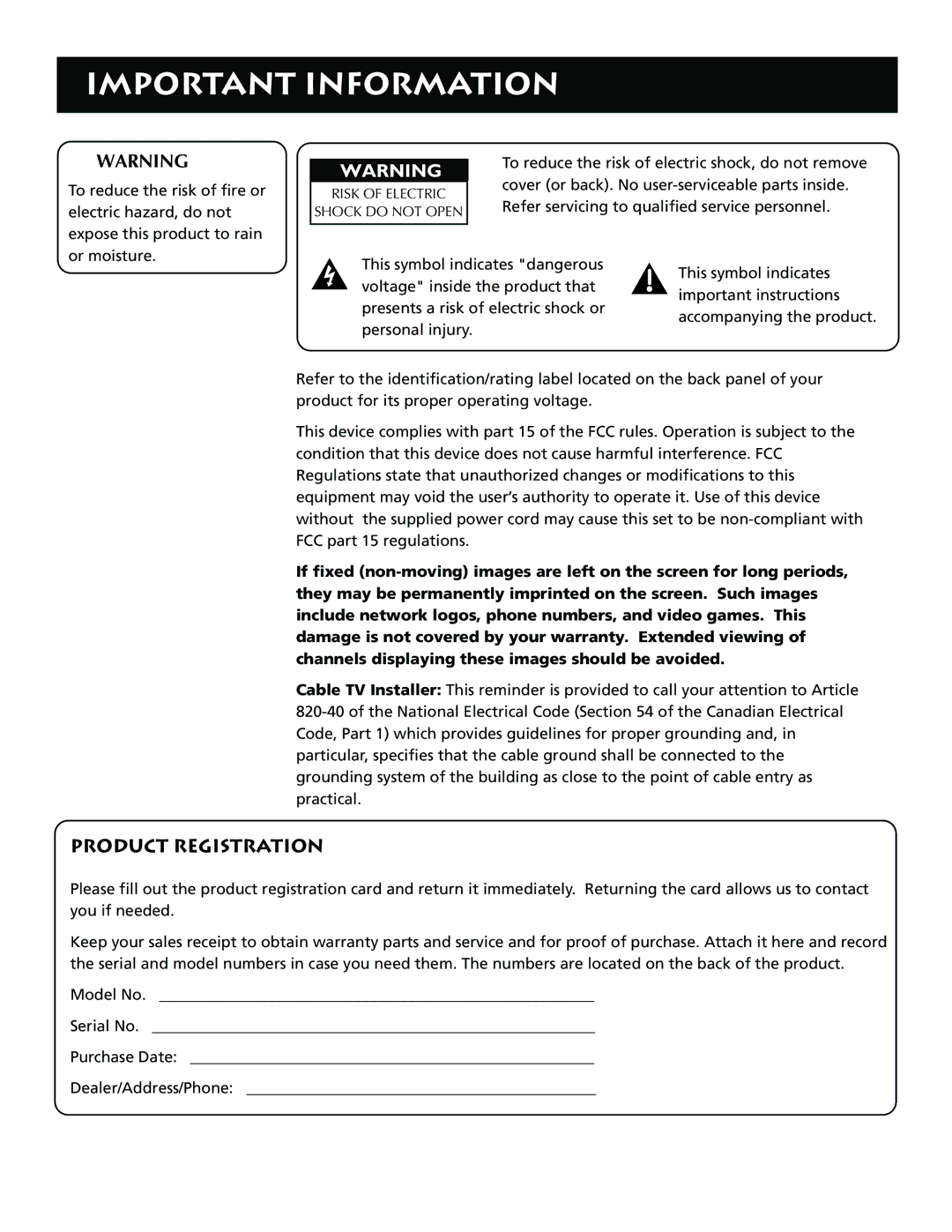 RCA F38310, P61310 manual Important Information, Product Registration 