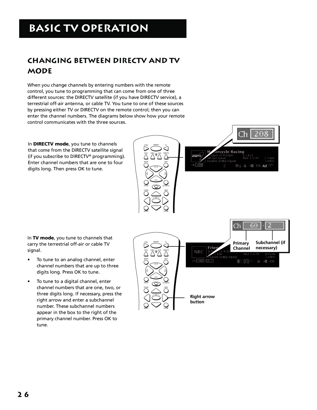 RCA P61310, F38310 manual Changing Between Directv and TV Mode 