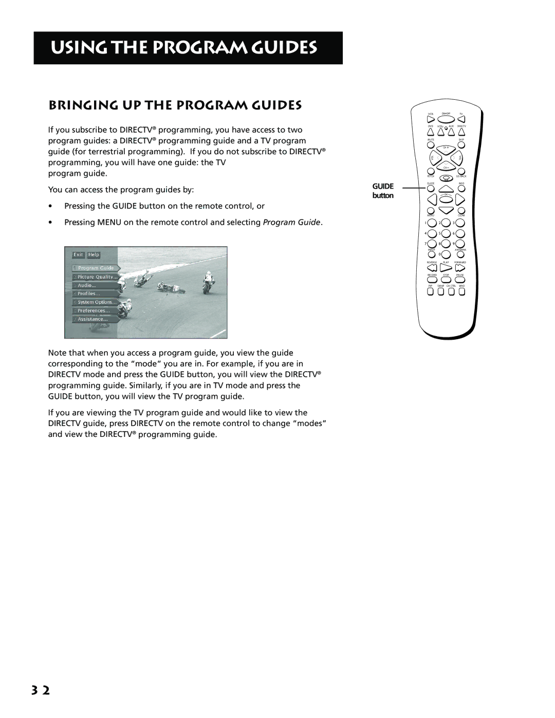 RCA P61310, F38310 manual Using the Program Guides, Bringing UP the Program Guides 