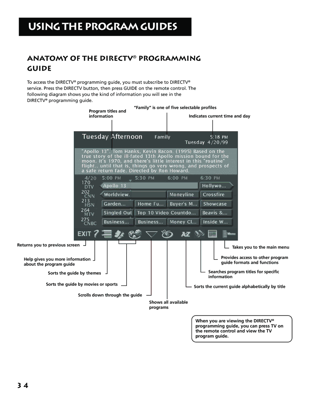 RCA P61310, F38310 manual Anatomy of the Directv Programming Guide 