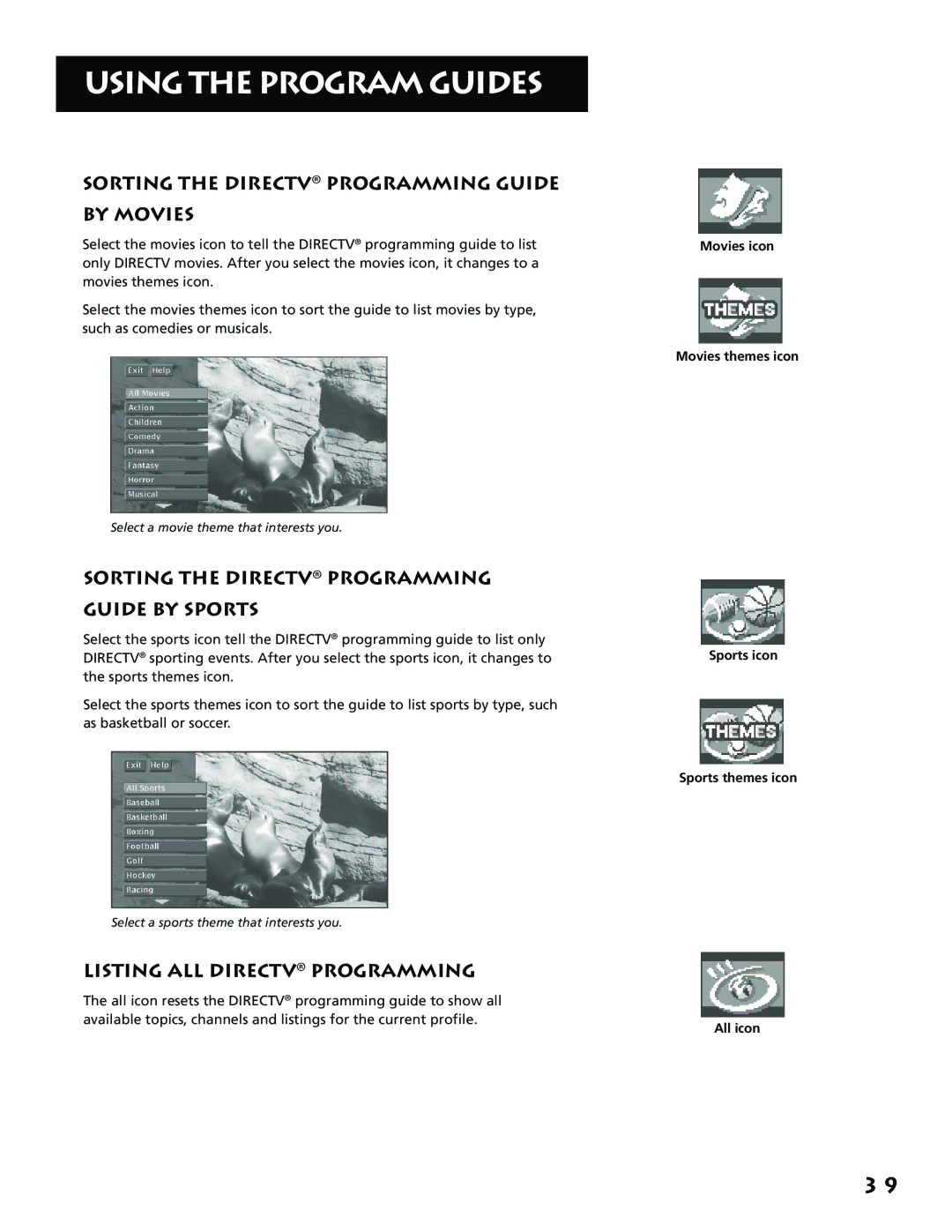 RCA F38310, P61310 manual Sorting the Directv Programming Guide By Movies, Sorting the Directv Programming Guide by Sports 