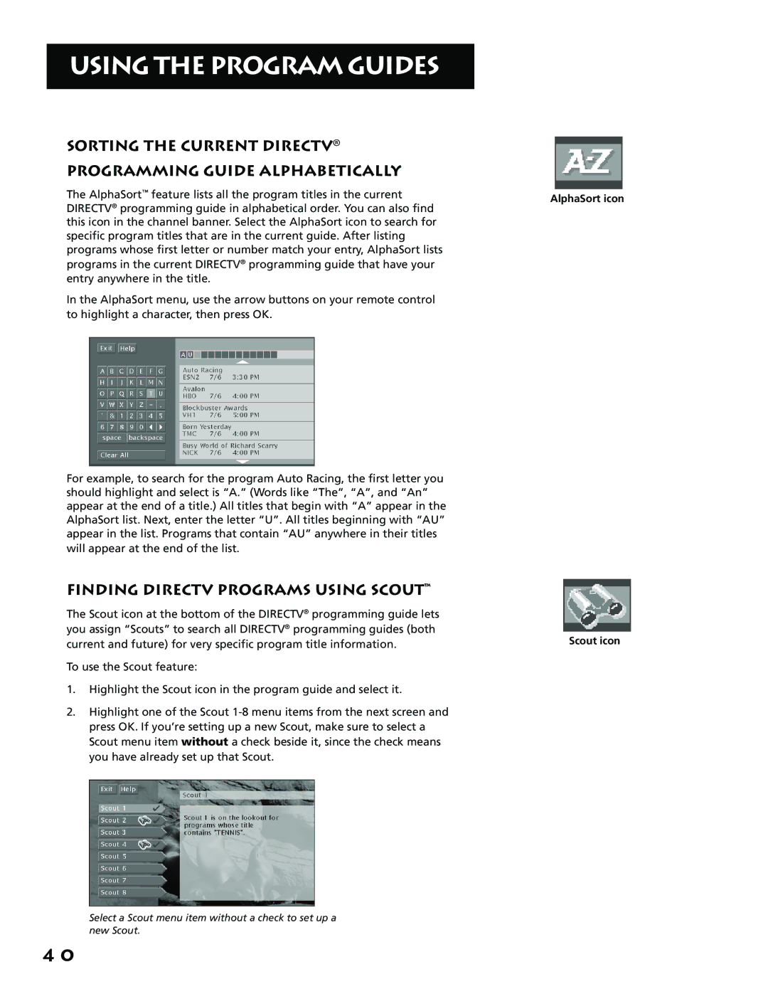 RCA P61310, F38310 manual Sorting the Current Directv Programming Guide Alphabetically, Finding Directv Programs Using Scout 