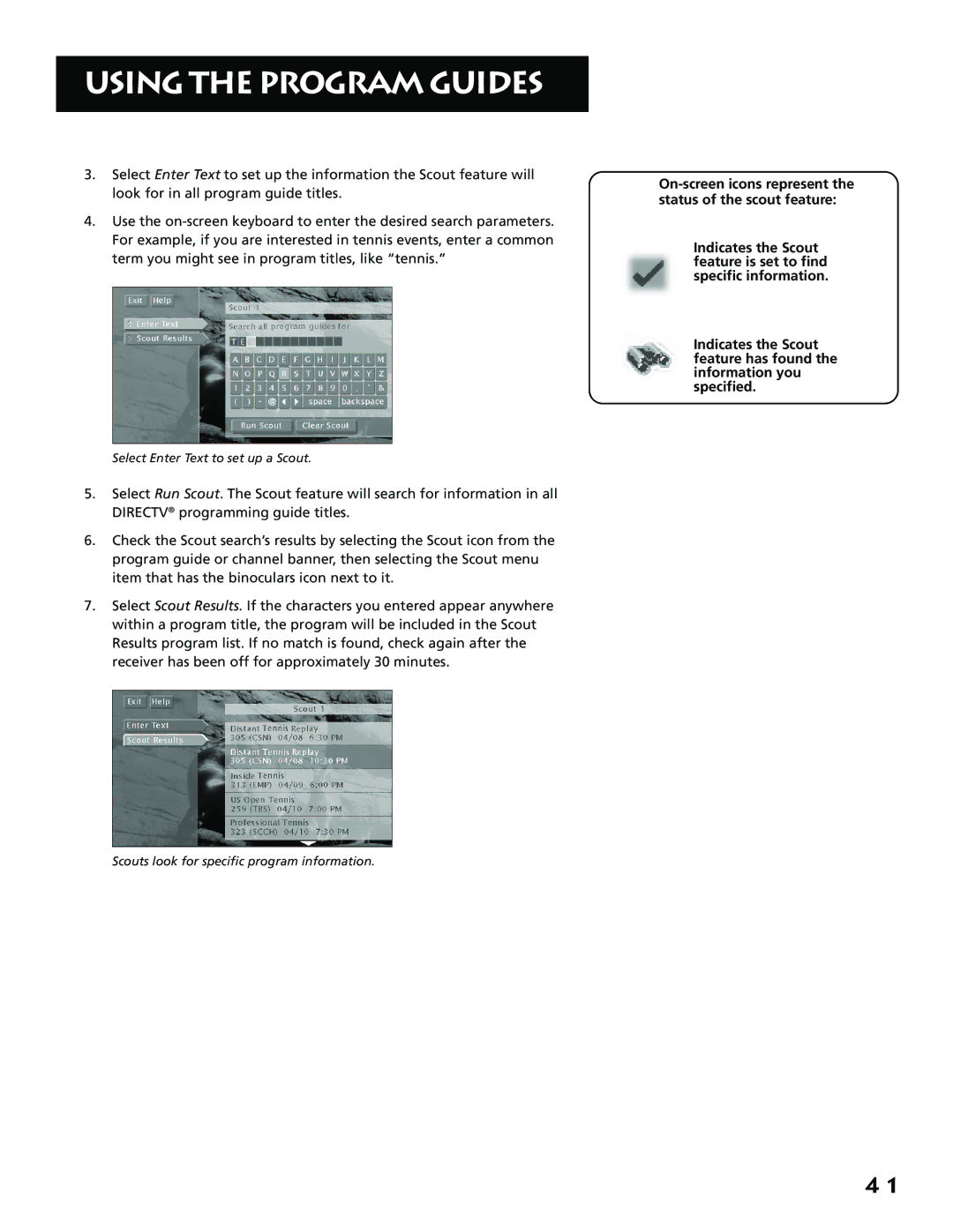 RCA F38310, P61310 manual On-screen icons represent the status of the scout feature 