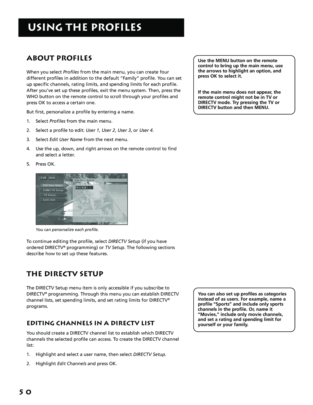 RCA P61310, F38310 manual About Profiles, Directv Setup, Editing Channels in a Directv List 