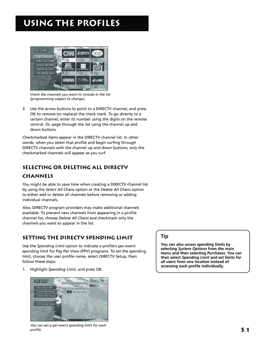 RCA F38310, P61310 manual Selecting or Deleting ALL Directv Channels, Setting the Directv Spending Limit, Tip 