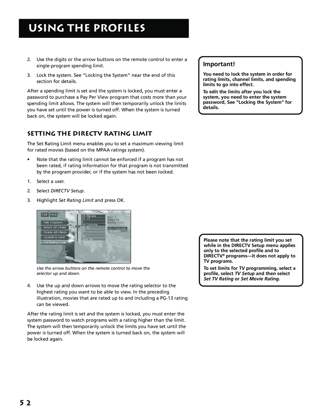 RCA P61310, F38310 manual Setting the Directv Rating Limit, Select Directv Setup 