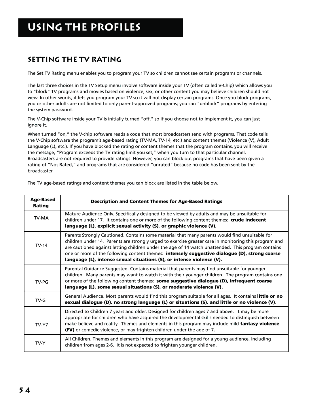 RCA P61310, F38310 manual Setting the TV Rating, Tv-Ma 