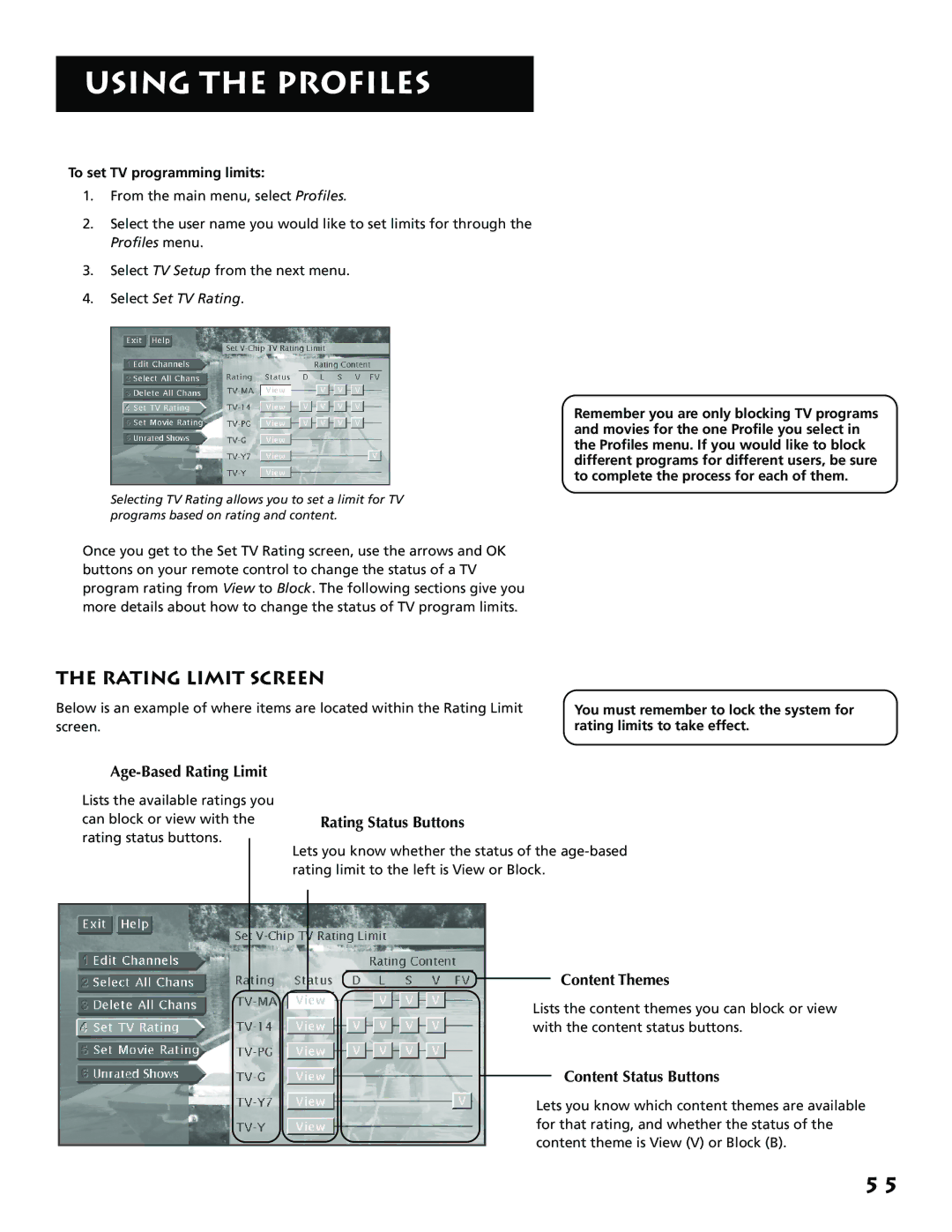 RCA F38310, P61310 manual Rating Limit Screen, To set TV programming limits 