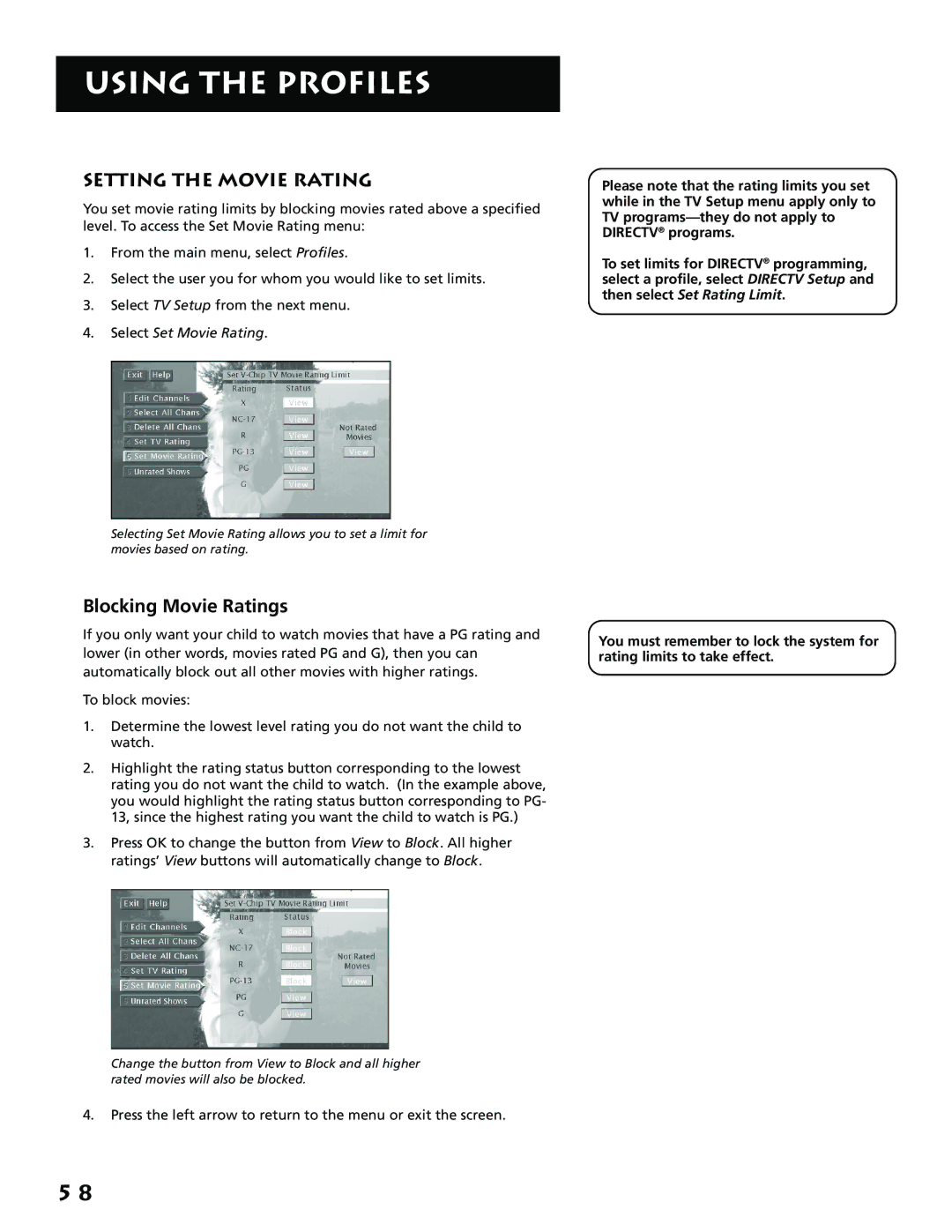 RCA P61310, F38310 manual Setting the Movie Rating, Blocking Movie Ratings 