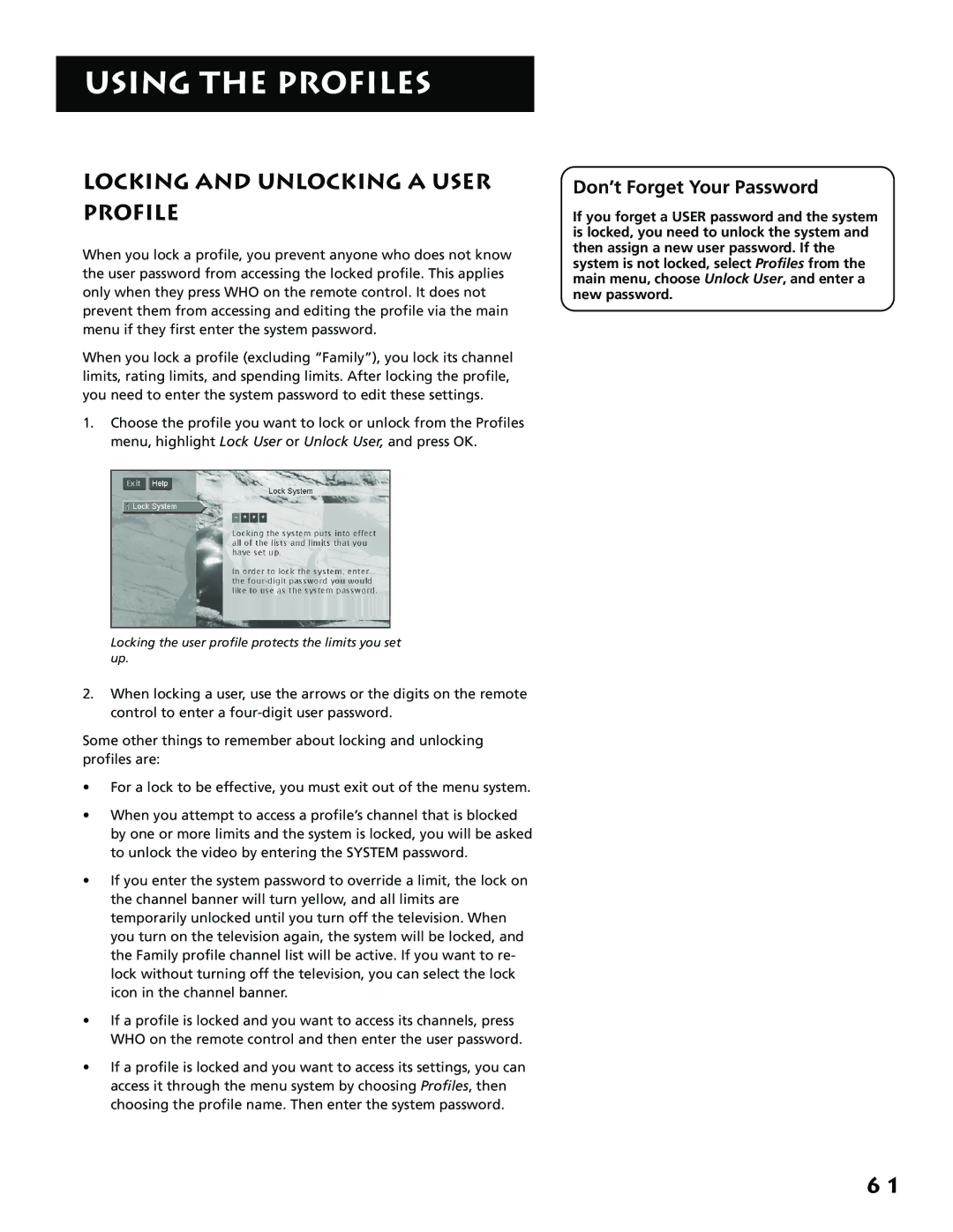 RCA F38310, P61310 manual Locking and Unlocking a User Profile, Don’t Forget Your Password 