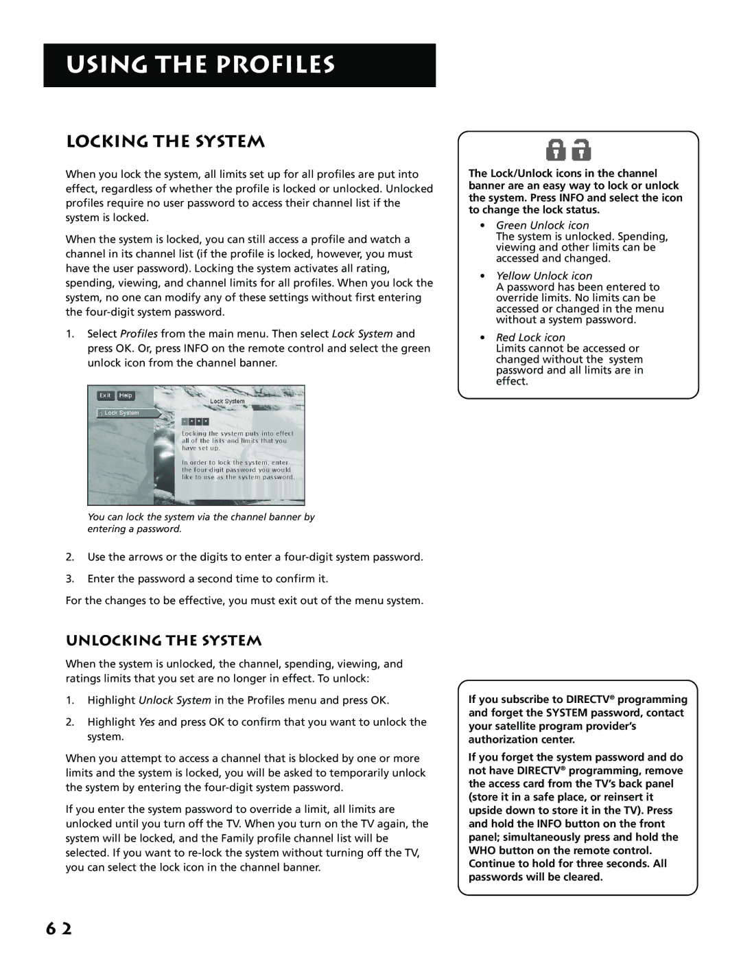 RCA P61310, F38310 manual Locking the System, Unlocking the System 