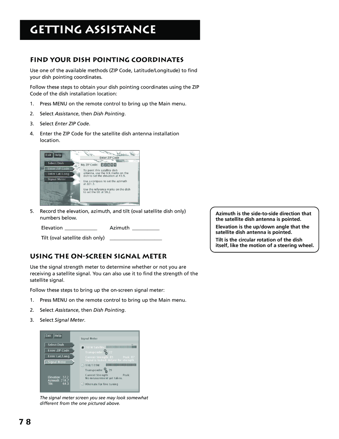 RCA P61310, F38310 manual Find Your Dish Pointing Coordinates, Using the ON-SCREEN Signal Meter 