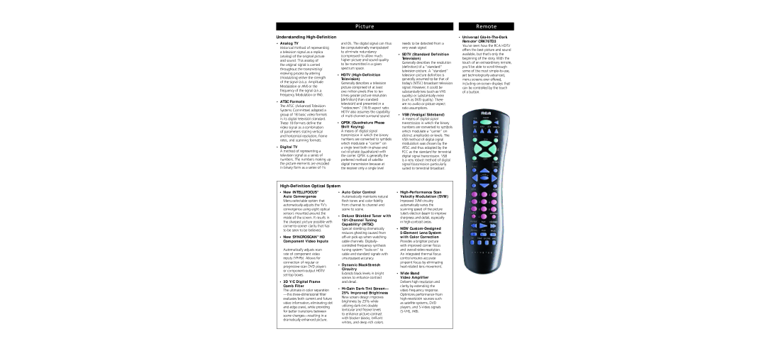 RCA P61310 warranty Picture Remote, Understanding High-Definition, High-Definition Optical System 