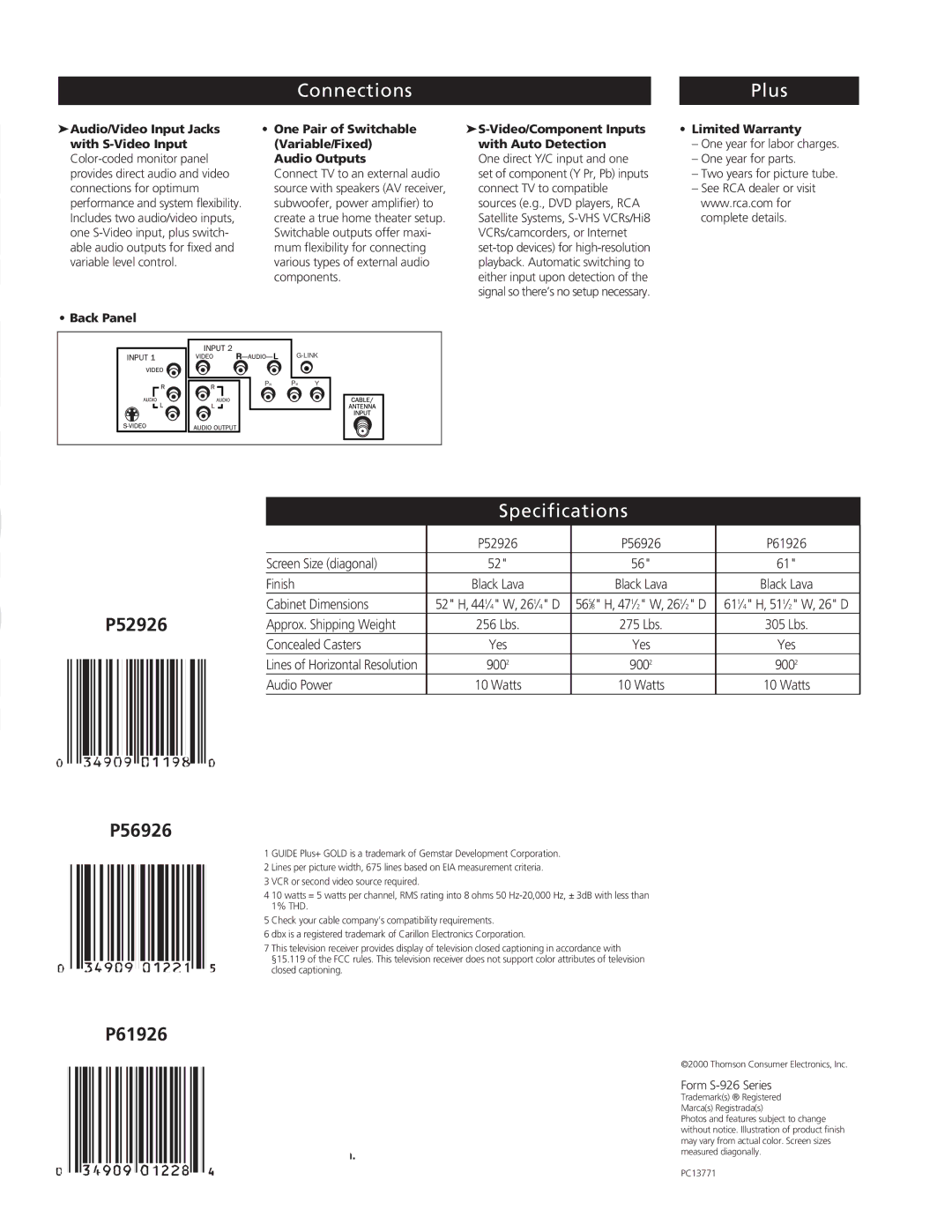 RCA P56926, P61926, P52926 manual Connections, Plus, Specifications 