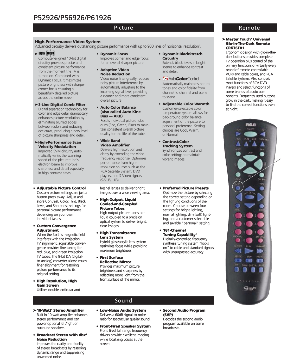 RCA manual Picture, Remote, Sound, P52926/P56926/P61926, High-Performance Video System 