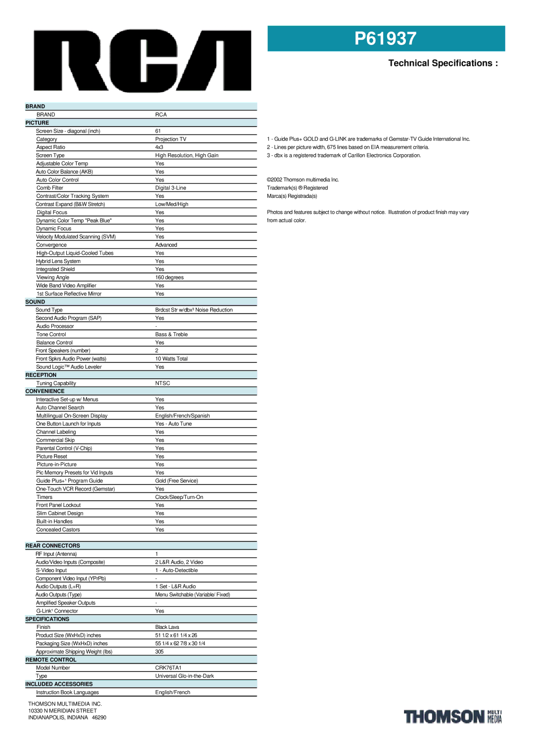 RCA P61937 manual Brand, Picture, Sound, Reception, Convenience, Rear Connectors, Specifications, Remote Control 