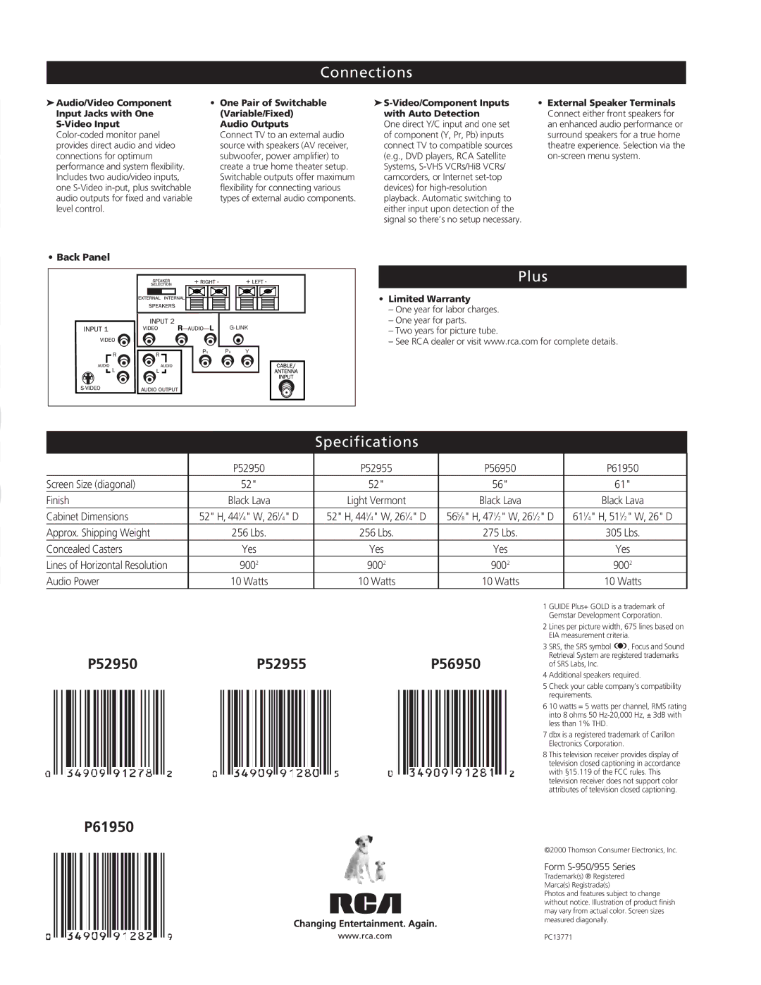 RCA P52955, P61950, P56950 manual Connections, Plus, Specifications, Limited Warranty 