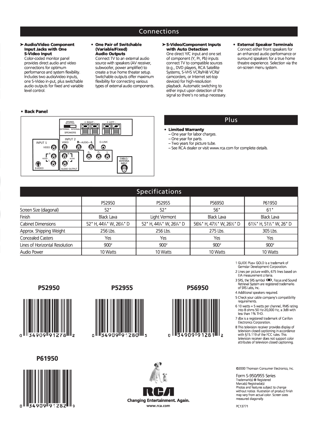 RCA P52955 manual Connections, Plus, Specifications, P52950, P56950, P61950 