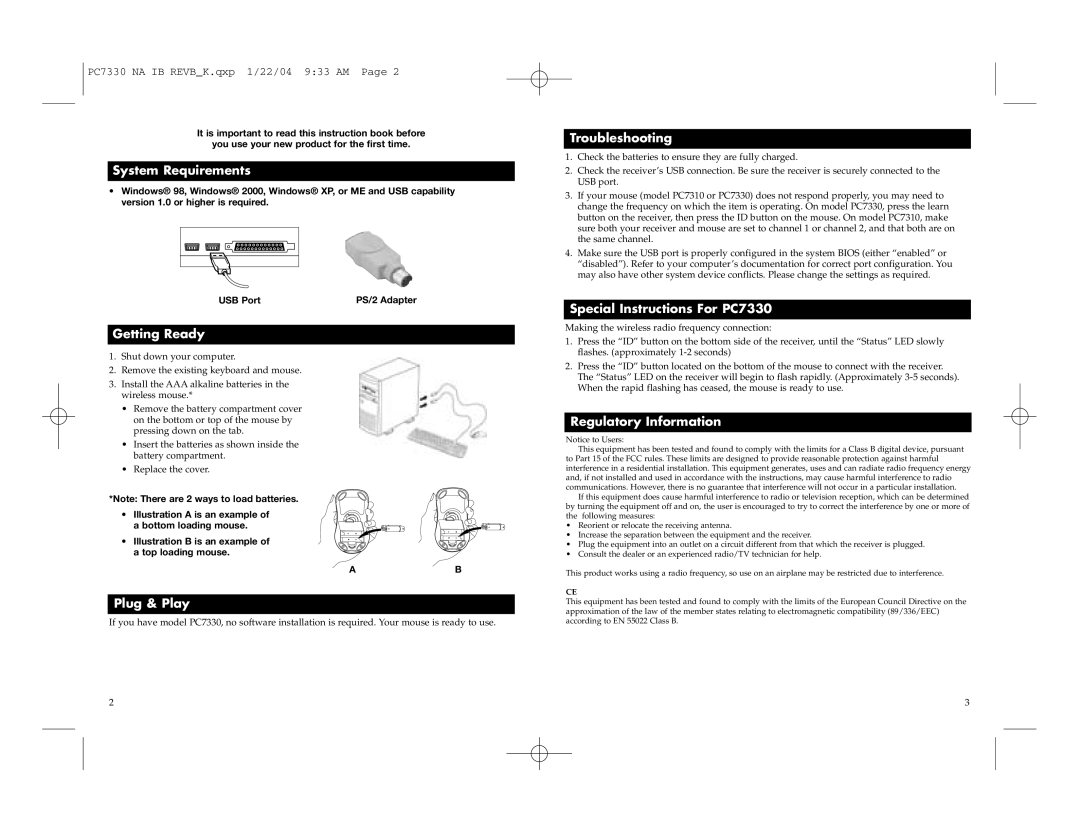 RCA System Requirements, Troubleshooting, Getting Ready, Special Instructions For PC7330, Regulatory Information 