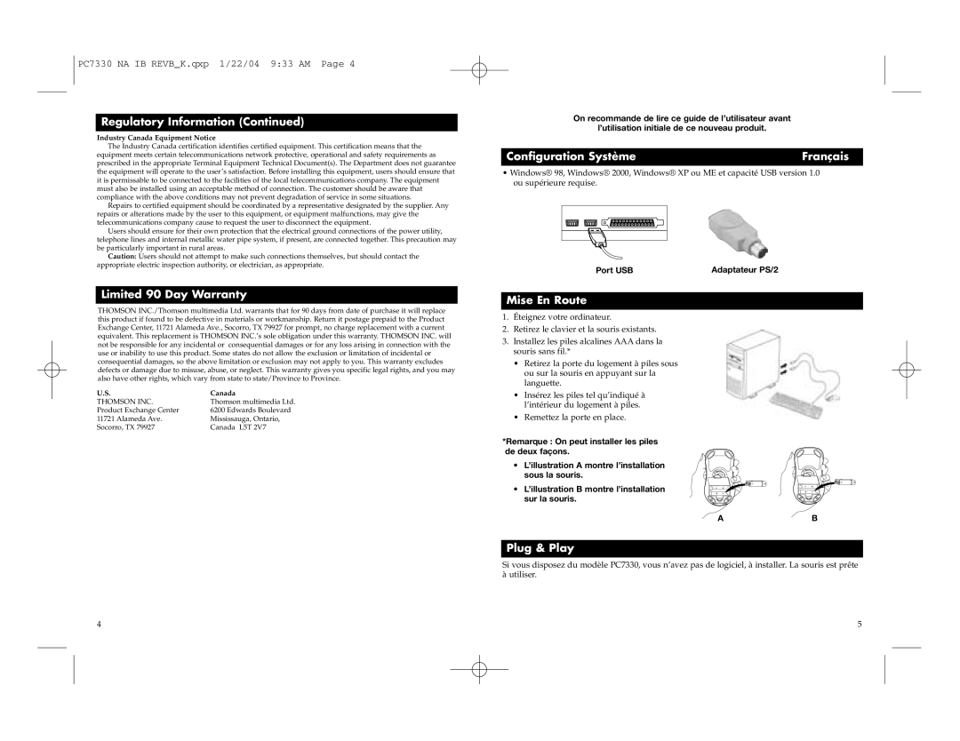 RCA PC7330 Limited 90 Day Warranty, Configuration Système Français, Mise En Route, Industry Canada Equipment Notice 