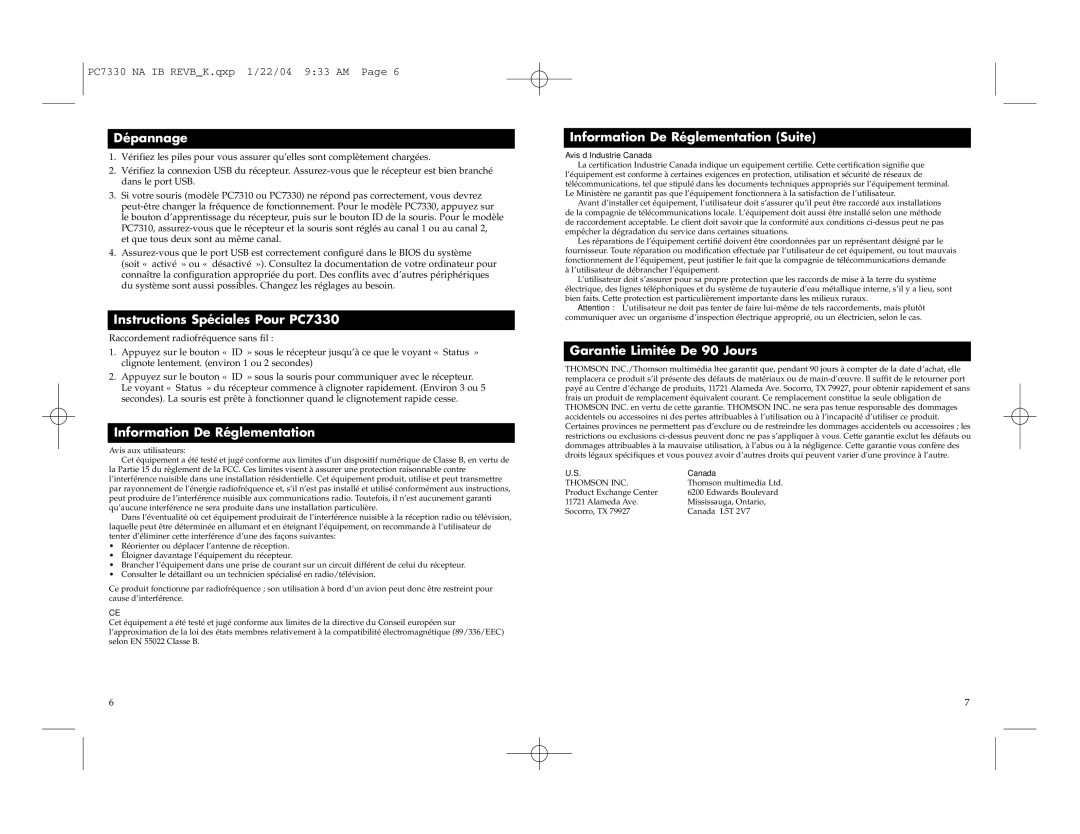 RCA setup guide Dépannage, Instructions Spéciales Pour PC7330, Information De Réglementation Suite 