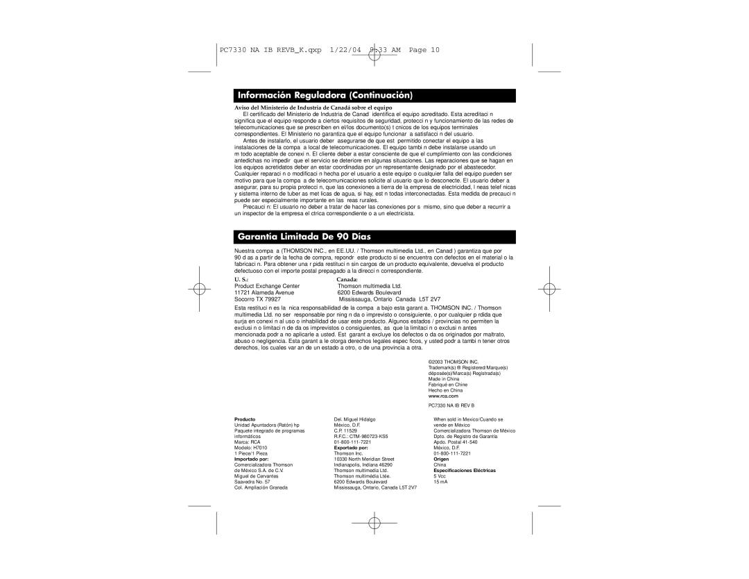 RCA PC7330 setup guide Información Reguladora Continuación, Garantía Limitada De 90 Días 